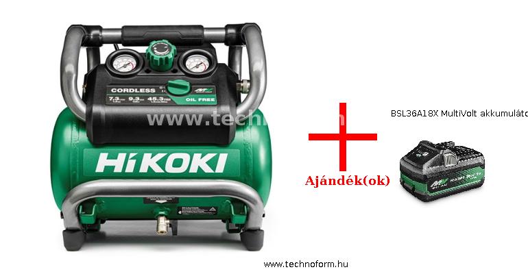 hikoki ec36daw4z akkus olajmentes kompresszor 36v 9,3bar akku és töltő nélkül + bsl36a18x multivolt akkumulátor