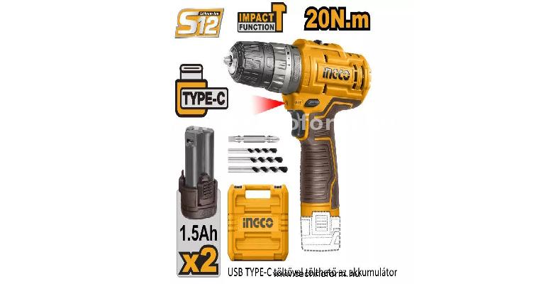 ingco cidli12202e akkus fúró-ütvecsavarbehajtó 12v 20nm