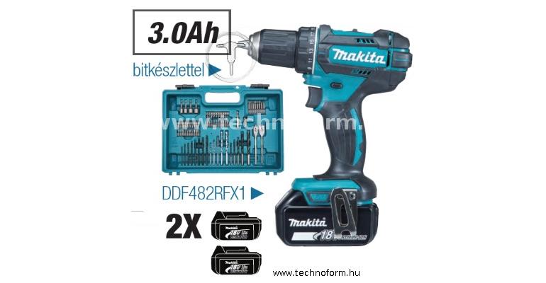 makita ddf482rfx1 akkus fúró-csavarbehajtó 18v 62nm 2x3.0ah-s li-ion akkumulátorral + bitkészlet
