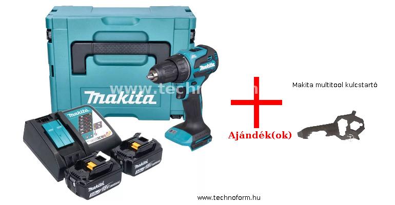makita ddf490rfj akkus fúró-csavarbehajtó bl 18v 65nm 2x3,0 ah akku és töltő + makita multitool kulcstartó