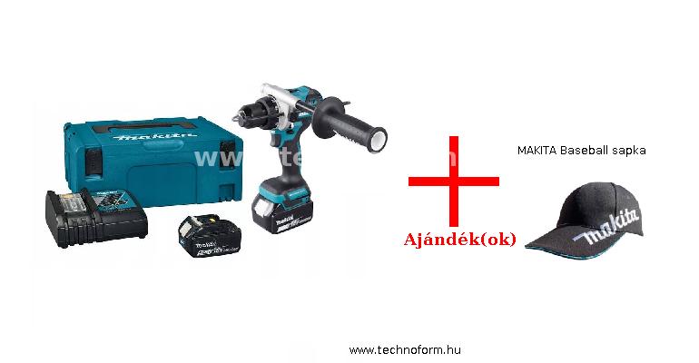 makita dhp492rtj akkus ütvefúró-csavarbehajtó 130nm 18v lxt akku 2x5,0ah és töltő + makita baseball sapka