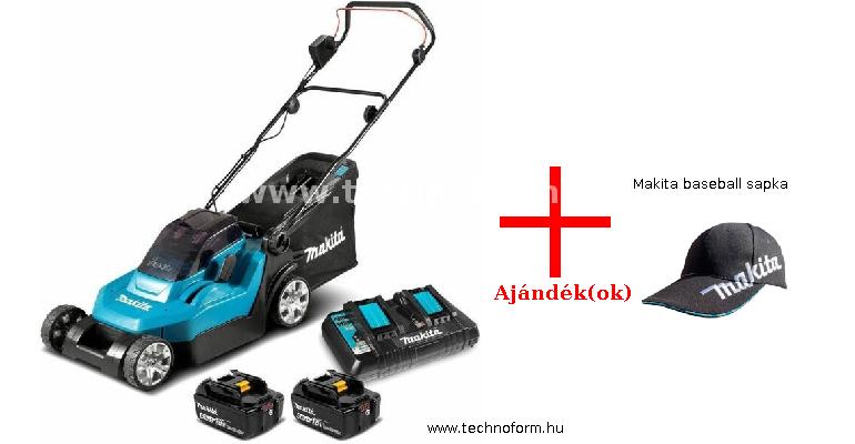 makita dlm382pg2 akkus fűnyíró 38cm 2x18v 6.0ah akkuval dupla töltővel + makita baseball sapka