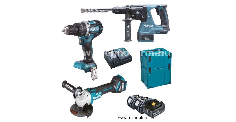 makita dlx3119tj akkus 18v gépcsomag dhp484 + dhr243 + dga513 + 3x5,0ah akku makpac kofferben