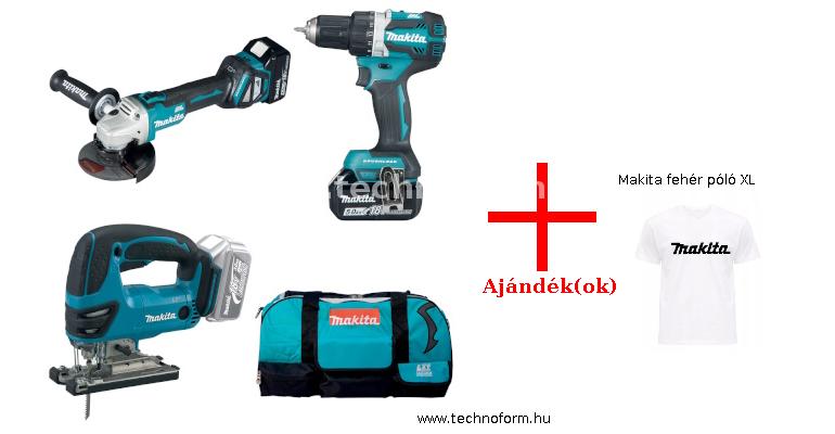 makita dlx3152tx1 akkus gépcsomag 18v ddf484 fúrógép+ djv180 szúrófűrész +dga511 sarokcsiszoló + makita fehér póló xl