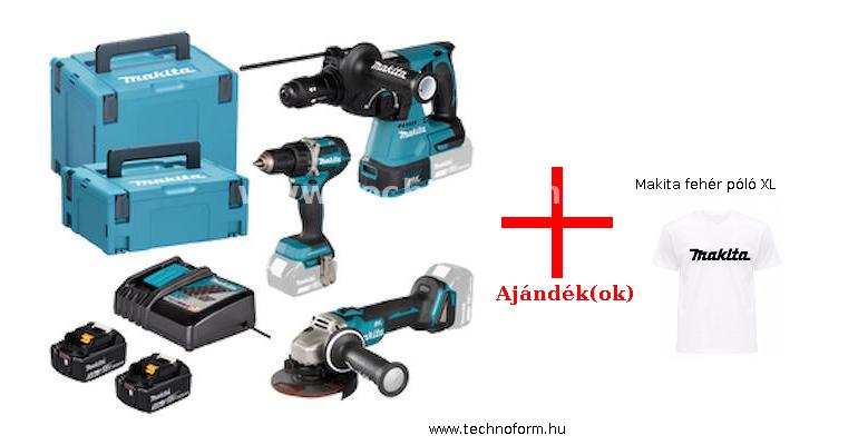 makita dlx3195jx1 akkus 18v gépcsomag ddf484 + dhr243 + dga504 + 2x5,0ah akku makpac kofferben + makita fehér póló xl