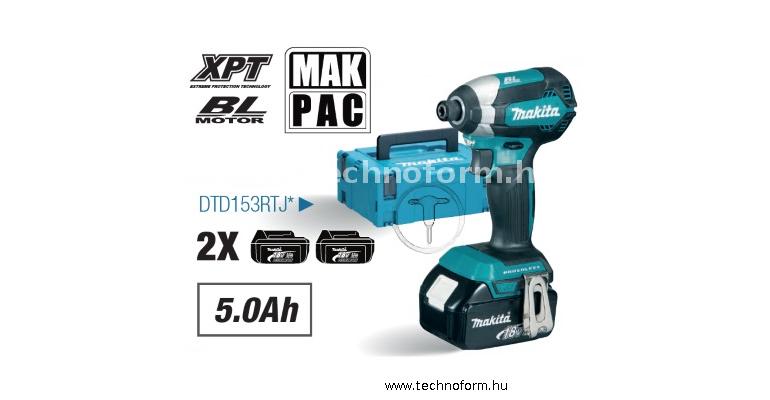 makita dtd153rtj akkus ütvecsavarozó 1/4" 170nm 18v 2x5.0ah li-ion akkuval makpac kofferben