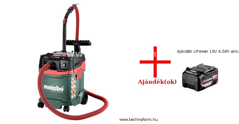 metabo as36-18l30pc-850 akkus porszívó l-osztályú 36v-os akku és töltő nélkül + ajándék lipower 18v 4,0ah akkumulátor - 602073850