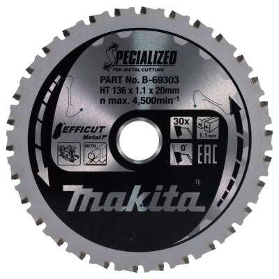 Makita B-69303 Körfűrészlap 136x20mm Z30 Fára 0°  EFFICUT akkus