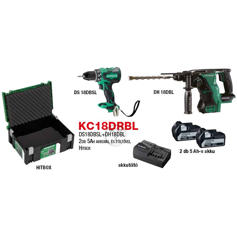 Hikoki KC18DRBL Akkus gépcsomag 18V 2x5Ah akkuval HITBOX kofferben