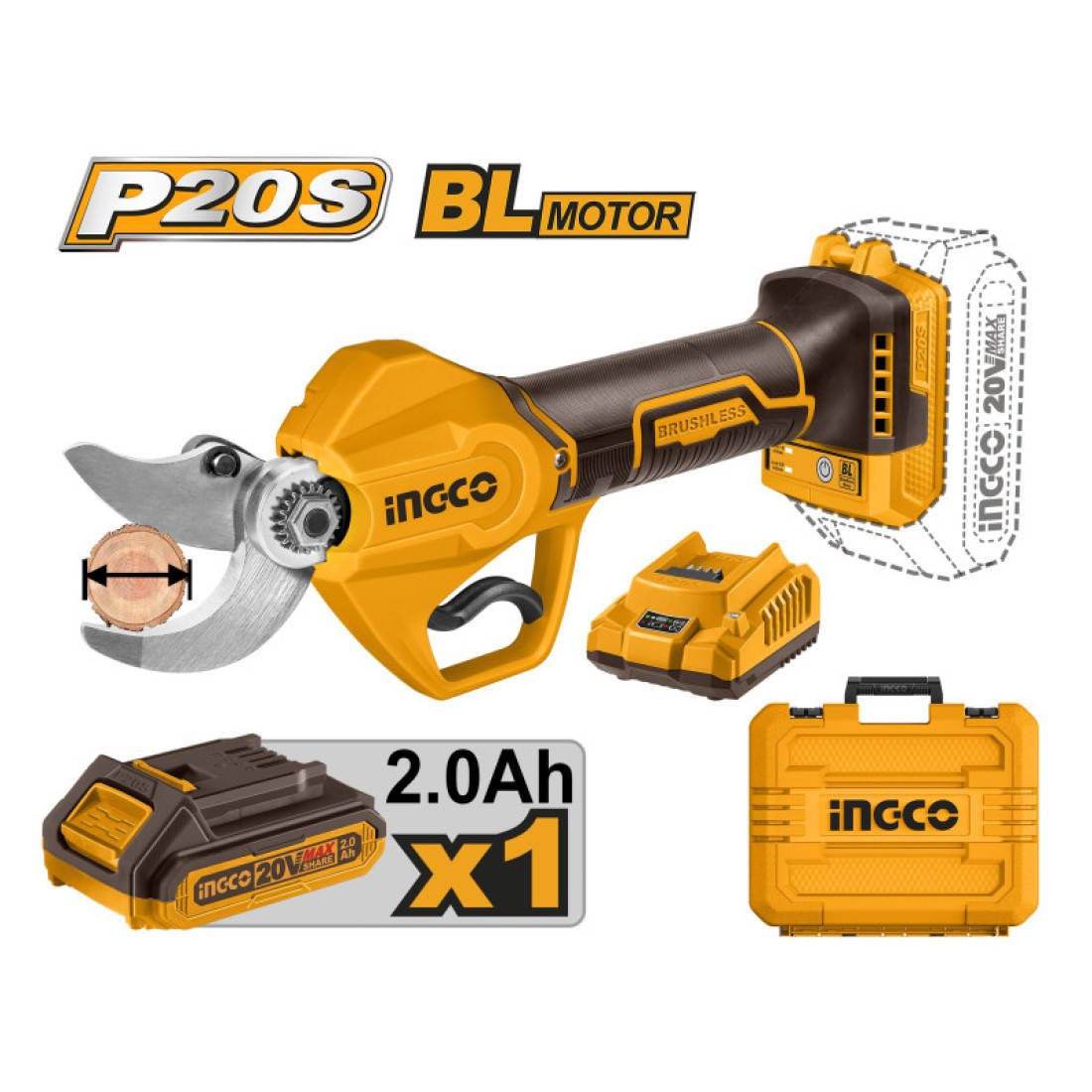 Ingco CSSLI203083 Akkus metszőolló 20V 1x2,0Ah akkuval és töltővel