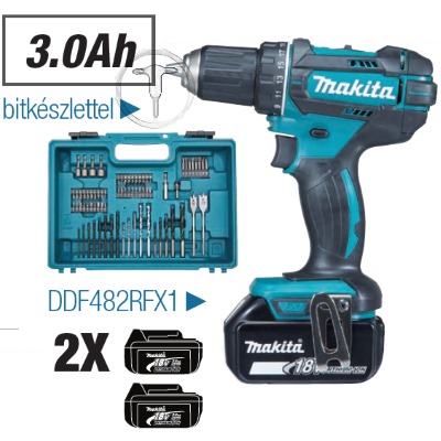 Makita DDF482RFX1 Akkus fúró-csavarbehajtó 2x3.0Ah-s Li-Ion akkumulátorral + Bitkészlet