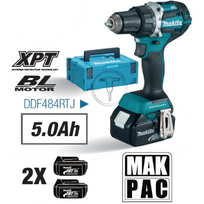 Makita DDF484RTJ Akkus szénkefementes fúró-csavarbehajtó 2x5.0Ah-s akkuval MakPac kofferben