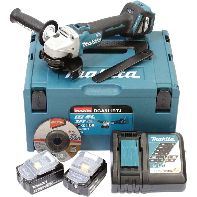 Makita DGA511RTJ Akkus sarokcsiszoló 125mm 18V 2x5.0Ah Li-Ion akkuval MakPac kofferben