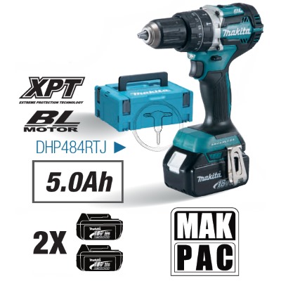 Makita DHP484RTJ Akkus szénkefementes ütvefúró-csavarbehajtó 2x5.0Ah-s akkuval MakPac kofferben