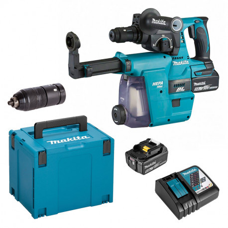 Makita DHR243RTJW Akkus fúró-vésőkalapács porelszívóval 2x5.0Ah Li-Ion akkuval + MakPac