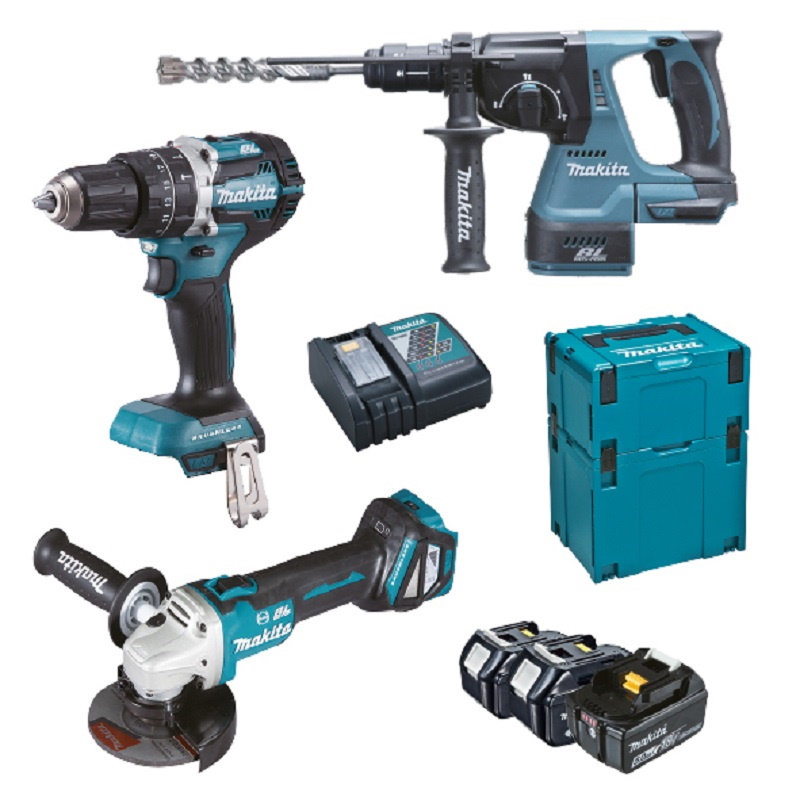 Makita DLX3119TJ Akkus 18V gépcsomag DHP484 + DHR243 + DGA513 + 3x5,0Ah akku MAKPAC kofferben