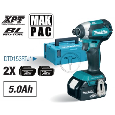 Makita DTD153RTJ Akkus ütvecsavarozó 1/4" 170Nm 18V 2x5.0Ah Li-Ion akkuval MakPac kofferben